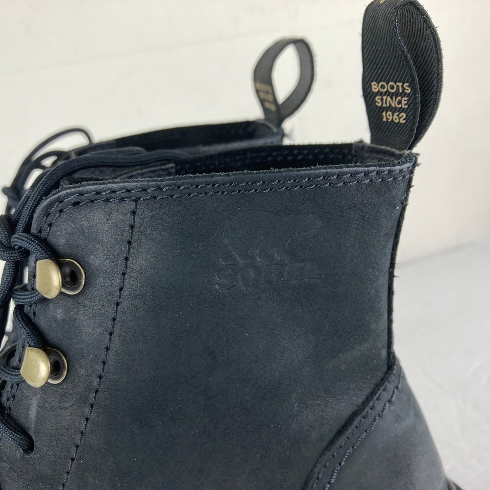 Sorel Hi-Line Heel Lace Boots Women Sz 8 Black Leather Ankle Block Heel - Picture 3 of 9